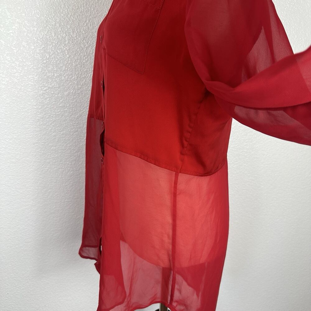 Free People Top Women Medium Red Long-sleeve Sheer Button Split Back Shirt - Picture 7 of 11